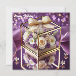 Lux purple glass floral gift gold chiffon bow holiday card