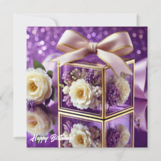 Lux purple glass floral gift gold chiffon bow holiday card