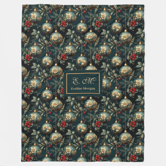 Lux red and green baubles personalised holiday fleece blanket (Front)