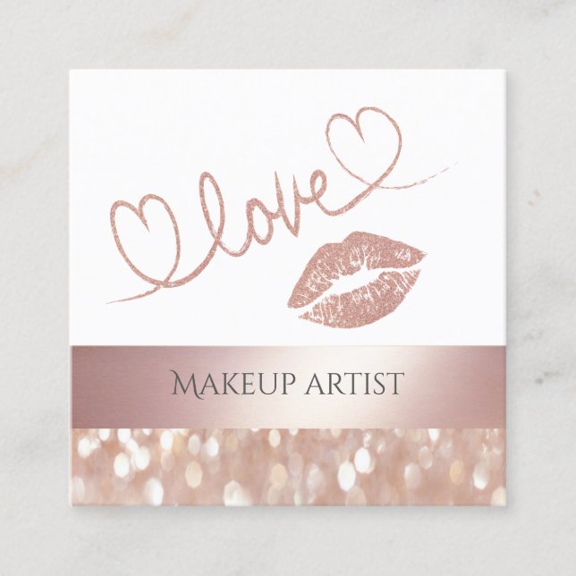 Lux rose gold lips glittery calligraphy love square business card (Front)