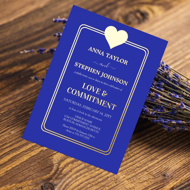 Lux Royal Blue and Gold Heart Commitment Ceremony (Royal blue and gold foil commitment ceremony invitation front view.)