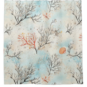 Lux Watercolor Coastal Coral & Ocean Waves (4) Shower Curtain