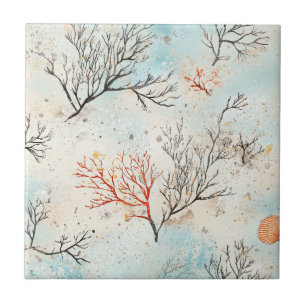 Lux Watercolor Coastal Coral & Ocean Waves (4) Tile