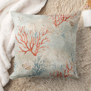 Lux Watercolor Coastal Coral & Ocean Waves (7) Cushion