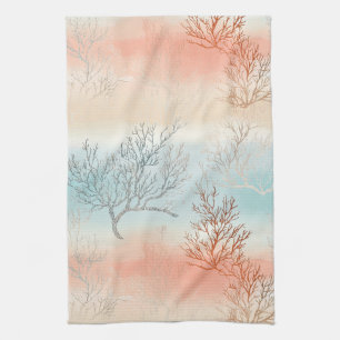 Lux Watercolor Coastal Coral & Ocean Waves Tea Towel