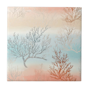 Lux Watercolor Coastal Coral & Ocean Waves Tile