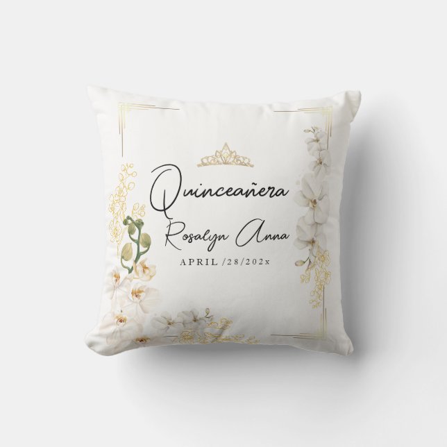 Lux White Orchid Princess Tiara Quinceañera  Cushion (Front)
