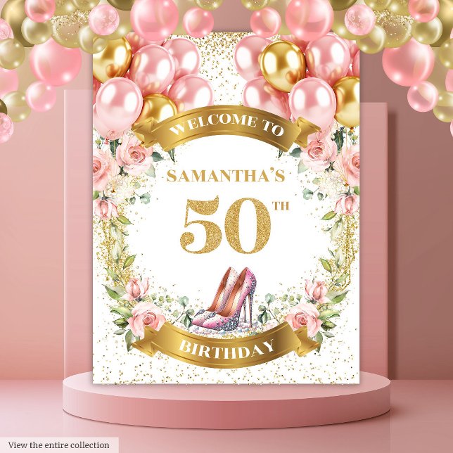 Luxe 50th Birthday Blush Boho Pink Heels Banner Tapestry (Luxe 50th Birthday Blush Boho Pink Heels Banner)