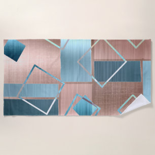 Luxe Abstract   Blush Rose Gold and Teal Geometric Beach Towel