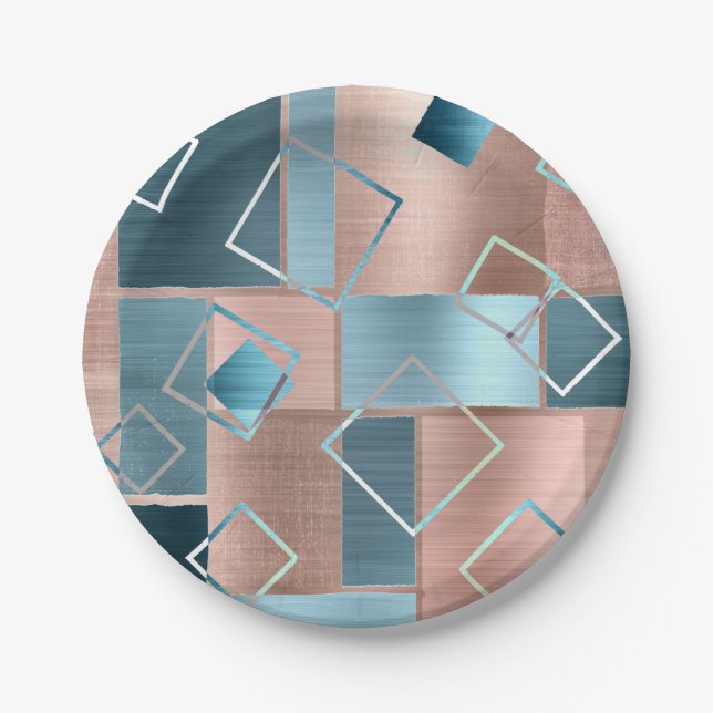 Luxe Abstract | Blush Rose Gold and Teal Geometric Paper Plate (Front)
