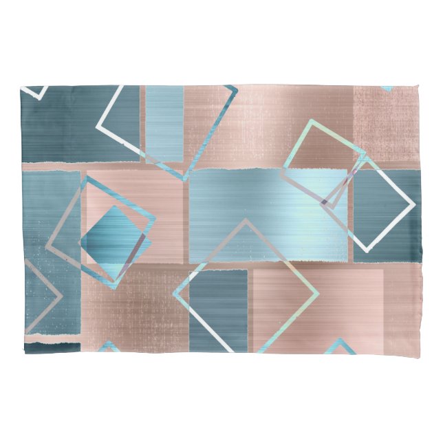 Luxe Abstract | Blush Rose Gold and Teal Geometric Pillowcase (Front)