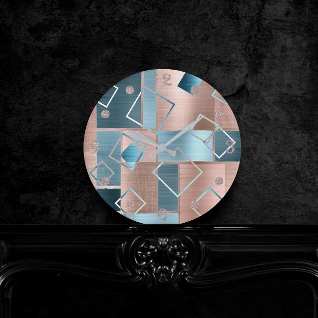 Luxe Abstract | Blush Rose Gold and Teal Geometric Round Clock (Creator Uploaded)