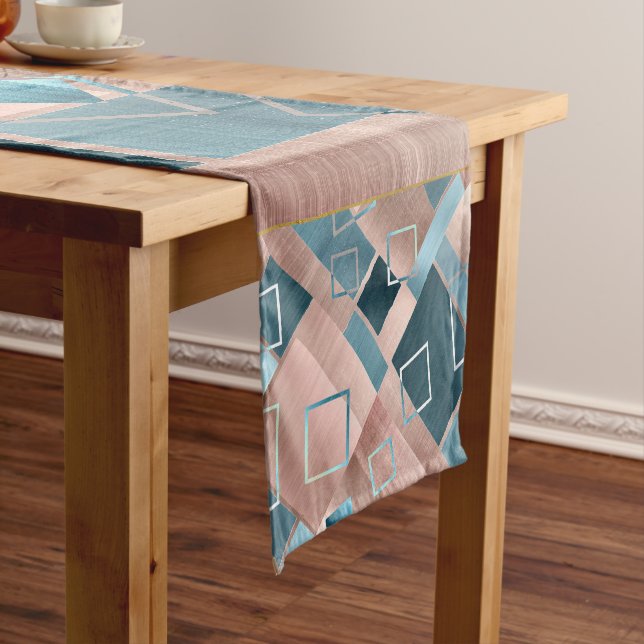 Luxe Abstract | Blush Rose Gold and Teal Geometric Short Table Runner (In Situ)