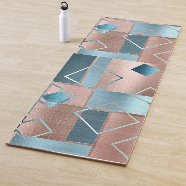 Luxe Abstract | Blush Rose Gold and Teal Geometric Yoga Mat (In Situ)