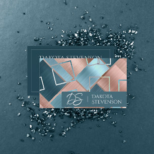 Luxe Abstract Blush Rose Gold and Teal Monogram Business Card