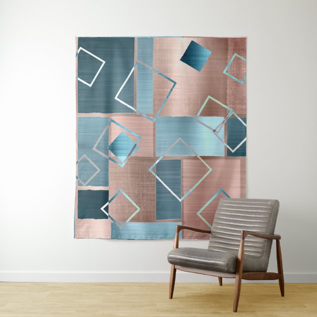 Luxe Abstract | Rose Gold and Teal Photo Backdrop Tapestry (In Situ)