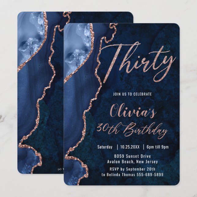 Luxe Agate Sapphire Blue Rose Gold 30th Birthday Invitation (Front/Back)