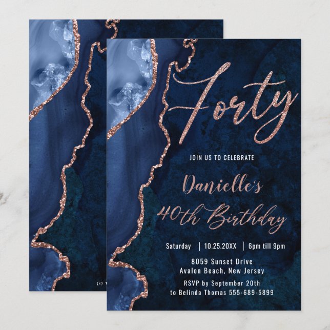 Luxe Agate Sapphire Blue Rose Gold 40th Birthday  Invitation (Front/Back)