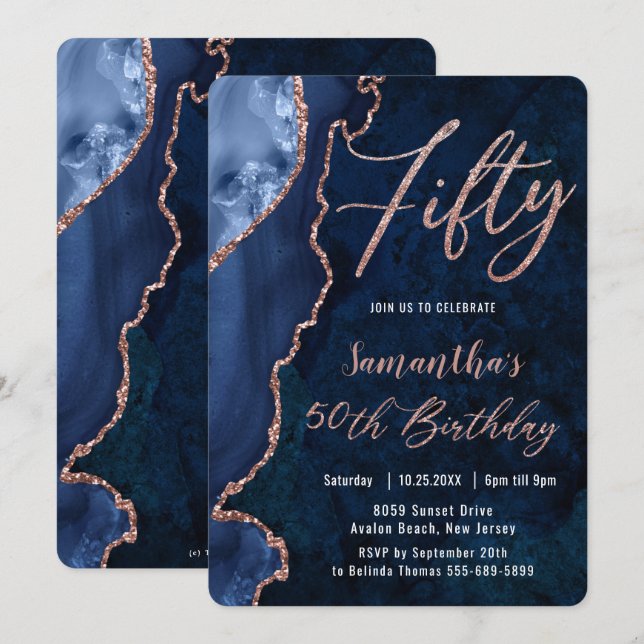 Luxe Agate Sapphire Blue Rose Gold 50th Birthday  Invitation (Front/Back)