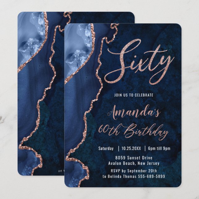 Luxe Agate Sapphire Blue Rose Gold 60th Birthday   Invitation (Front/Back)