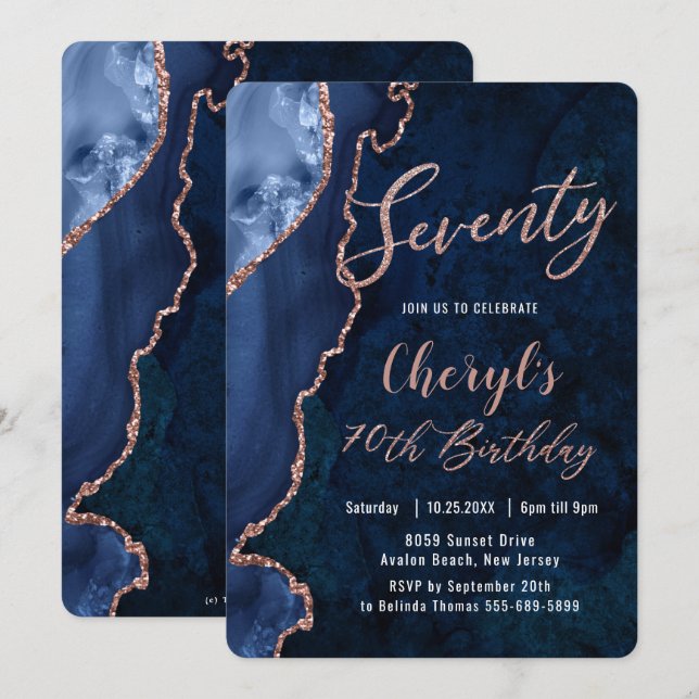 Luxe Agate Sapphire Blue Rose Gold 70th Birthday  Invitation (Front/Back)