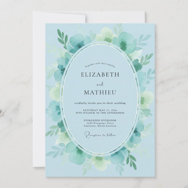Luxe Aqua Painted Foliage Wedding Invitation (Front)