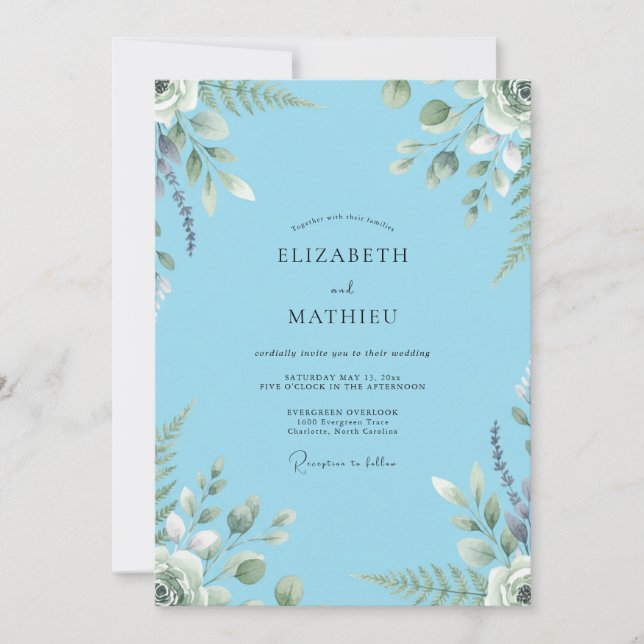 Luxe Azure Painted Foliage Wedding Invitation (Front)