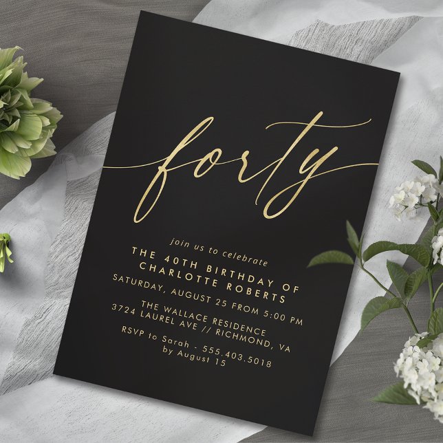 Luxe Black and Gold | Delicate Glam 40th Birthday Invitation (Creator Uploaded)