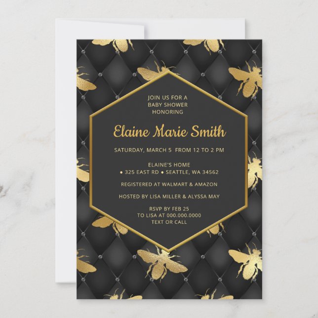 Luxe Black and Gold Honey bee Baby Shower Invitation (Front)
