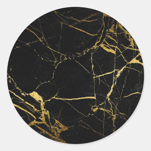 Luxe Black and Gold Marble Texture Classic Round Sticker (Front)