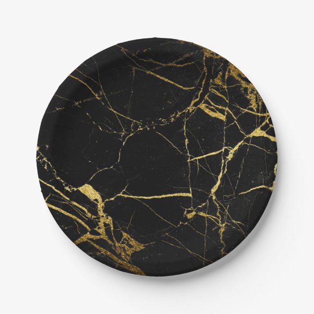 Luxe Black and Gold Marble Texture Paper Plate (Front)