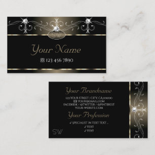 Luxe Black Beige Squiggles Sparkle Jewels Monogram Business Card