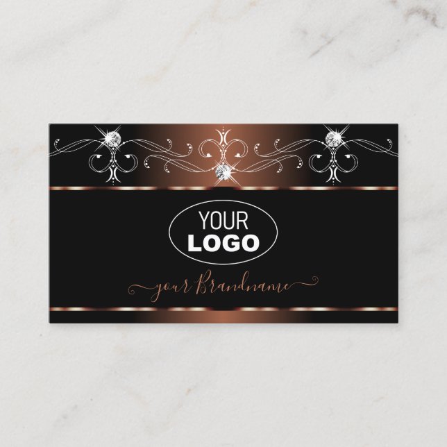 Luxe Black Brown Squiggles Sparkle Jewels Add Logo Business Card (Front)