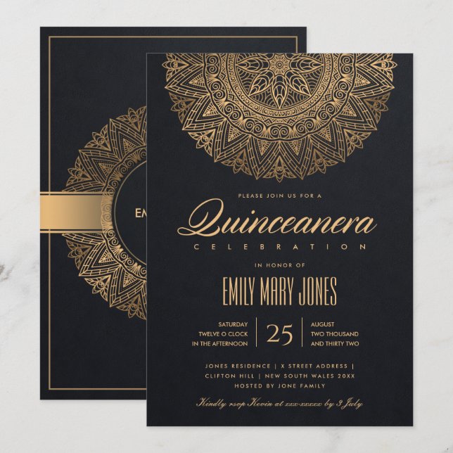 LUXE BLACK GOLD CLASSIC ORNATE MANDALA QUINCEANERA INVITATION (Front/Back)