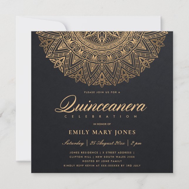 LUXE BLACK GOLD CLASSIC ORNATE MANDALA QUINCEANERA INVITATION (Front)