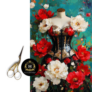 Luxe Black Gold Corset Mannequin Red Floral Tissue Paper