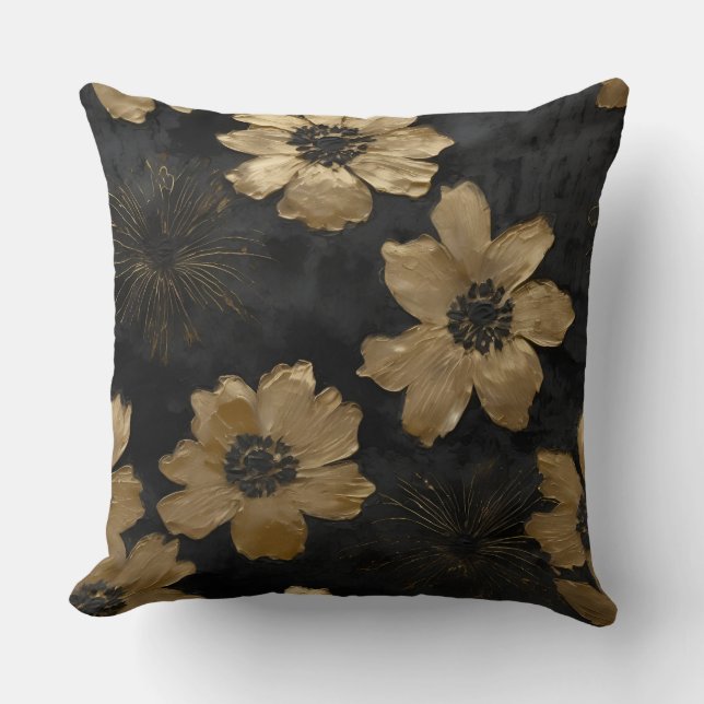 Luxe Black Gold Floral Home Decor Cushion (Front)