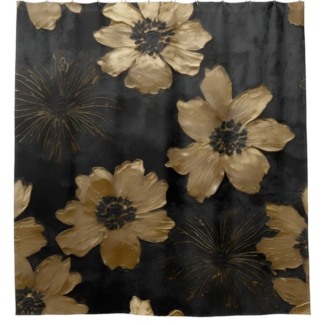 Luxe Black Gold Floral Home Decor Shower Curtain (Front)