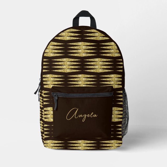 Luxe Black Gold Glitter Abstract Elegant Name  Printed Backpack (Front)