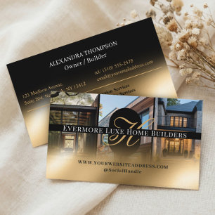 Luxe Black Gold Monogram Home Contractor 3 Photo Business Card