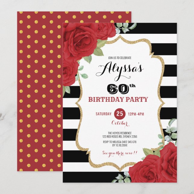 Luxe Black Gold Red Roses Adult Woman Birthday Invitation (Front/Back)