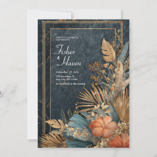 Luxe Black Marble & Gold Tropical VIP Wedding Invitation