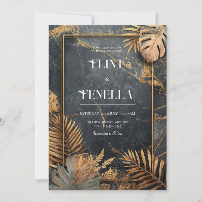 Luxe Black Marble & Gold Tropical VIP Wedding Invitation (Front)
