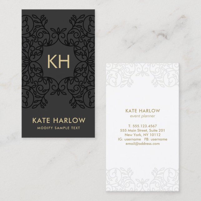 Luxe Black Ornate Gold Monogram Business Card (Front/Back)