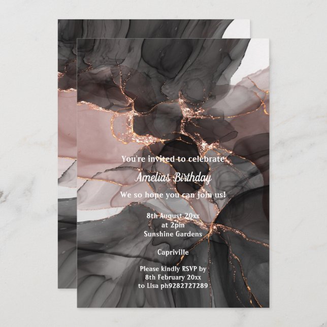 LUXE BLACK PINK CHIFFON PARTY  INVITATION (Front/Back)