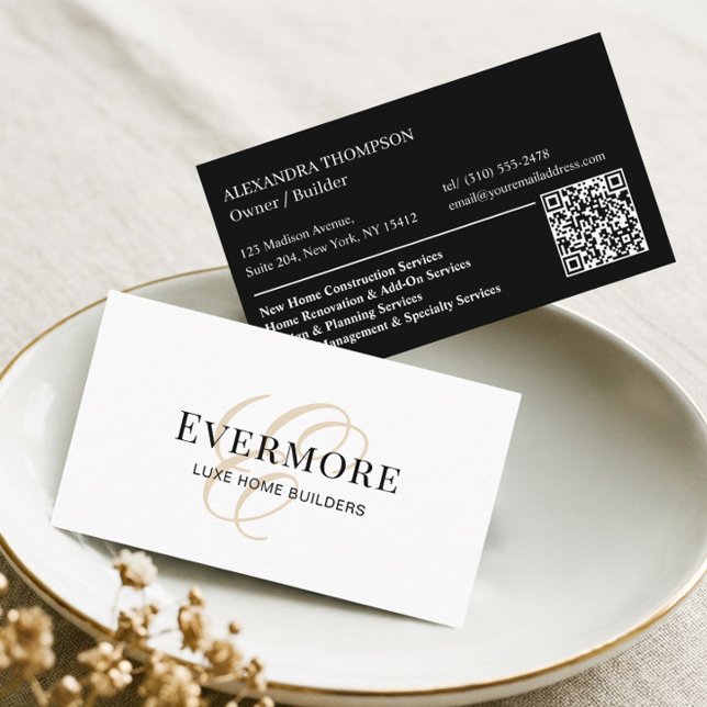 Luxe Black White Monogram Home Contractor QR Code Business Card (Luxe Black White Monogram Home Contractor QR Code Business Card)