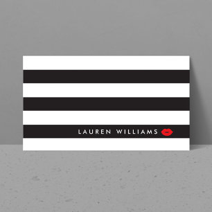Luxe Black/White Stripes Red Lips Makeup Artist Business Card