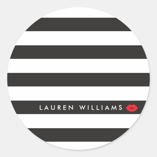 Luxe Black/White Stripes Red Lips Makeup Artist Classic Round Sticker (Front)