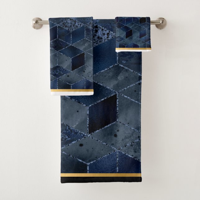 LUXE BLUE BRICK GEOMETRIC GOLD BATHROOM TOWEL (Insitu)