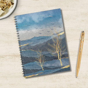 Luxe Blue Gold Mountains Trees Birds Sky Landscape Notebook